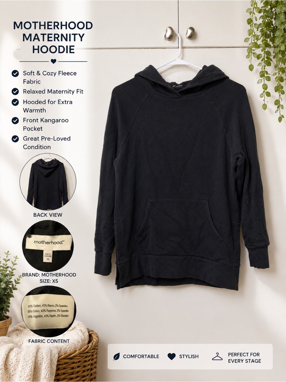 Motherhood Black Zip-Up Fleece Hoodie